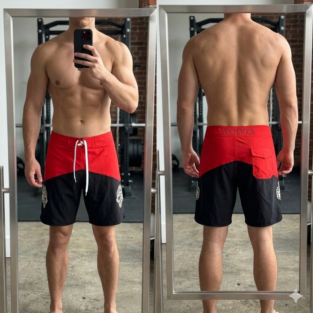 NWT Darc Sport Ohana Stage Shorts Mens 36 Wolves Club Black Red Board Shorts